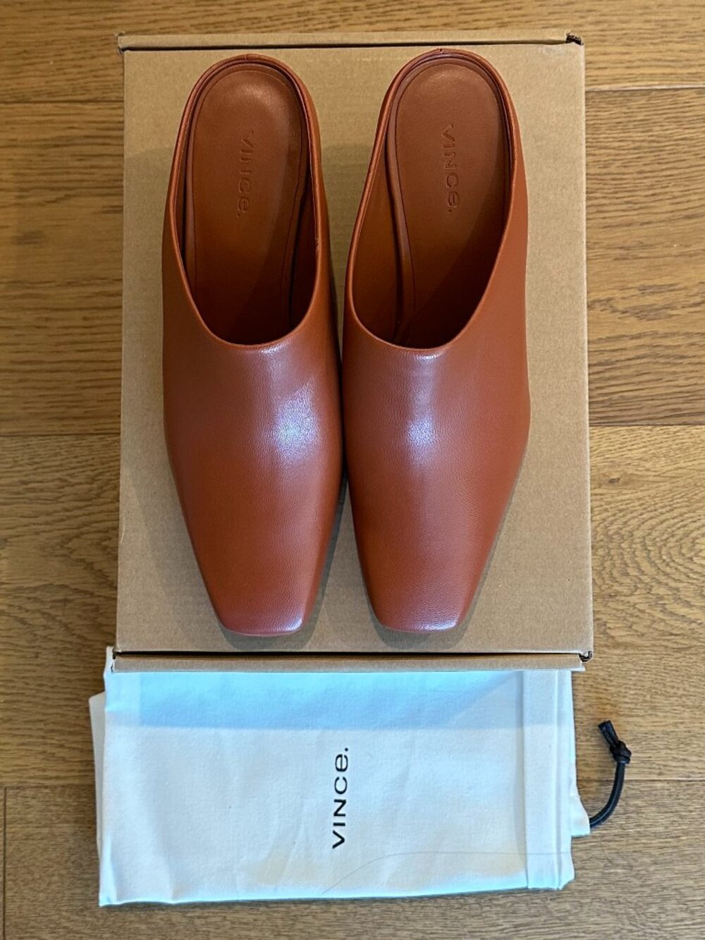 Vince Leather Benita Square Toe Slip On Clog Wedge Heel Pumps (Rust Amber) - Picture 6 of 16